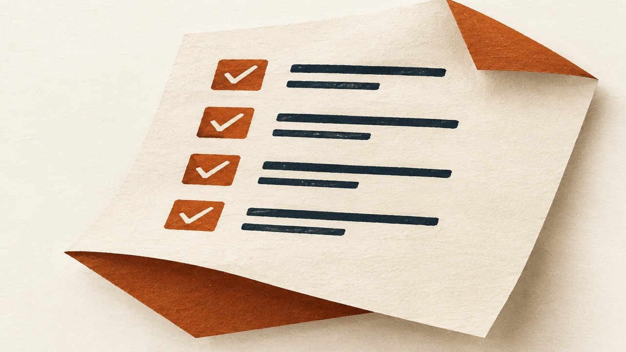 Folded cream paper checklist with terracotta checkmarks and dark blue lines.